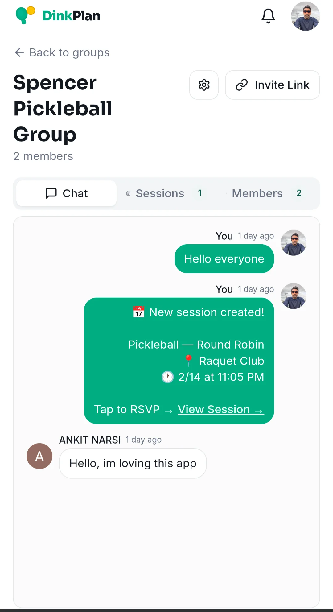 Invite link shown on group page